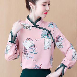 Long-sleeve Printed Frog Buttoned Top