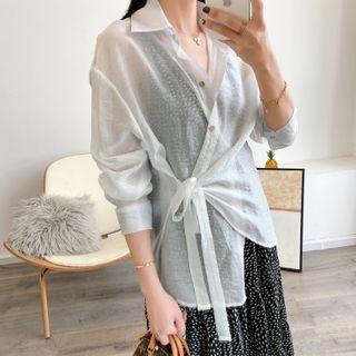 Long-sleeve Asymmetric Tie-waist Blouse