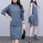 Set: Sleeveless Mock-neck Midi Knit Dress + V-neck Sweater