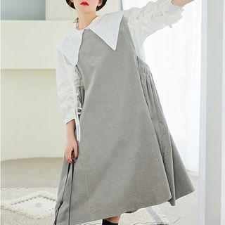 Lantern-sleeve Shirt / Corduroy Midi Pinafore Dress