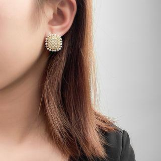 Square Rhinestone Faux Pearl Earring 1 Pair - S925 Silver Needle - White Faux Pearl & Rhinestone - Gold - One Size