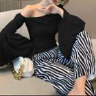Bell-sleeve One-shoulder T-shirt / Zebra Print Wide-leg Pants