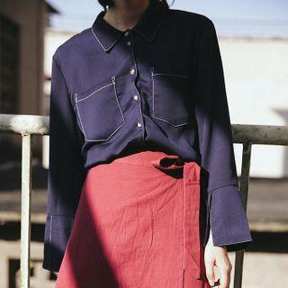 Long-sleeve Contrast Trim Shirt Blue - One Size