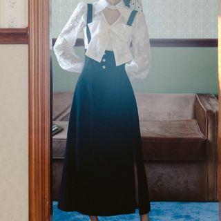 Set: Bow Accent Lace Blouse + Midi Overall Dress