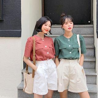 Puff-shoulder Flap-detail Blouse