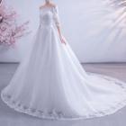 Elbow-sleeve Lace Trained Wedding Ball Gown