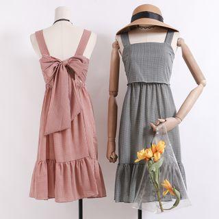 Sleeveless Ribbon-back Plaid A-line Dress