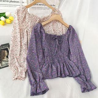 Long-sleeve Shirred Floral Print Peplum Top