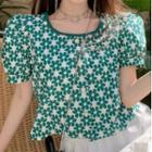 Short-sleeve Floral Print Top Green - One Size