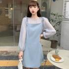 Long-sleeve Round Neck Sheer Top / Tie-shoulder Plain Mini Dress