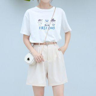 Cartoon Print Elbow-sleeve T-shirt / High-waist Shorts / Set