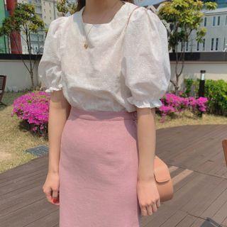 Square-neck Eyelet Lace Blouse / High-waist Skirt