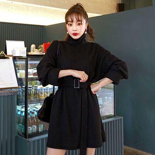 High-neck Furry-knit Minidress With Belt