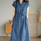 Cap-sleeve Drawstring-waist Midi A-line Dress