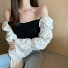 Patchwork Off-shoulder Crop Top Black - One Size