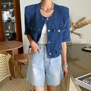 Round-neck Crop Tweed Jacket Blue - One Size