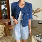 Round-neck Crop Tweed Jacket Blue - One Size