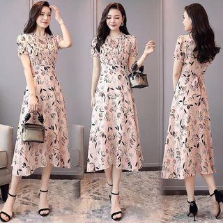 Short-sleeve All Over Print A-line Midi Dress