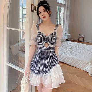 Short-sleeve Print Frill Trim Swimdress