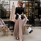 Set: Elbow-sleeve Top + Wide-leg Pleated Pants