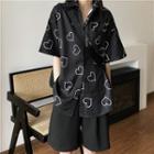 Elbow-sleeve Heart Print Shirt Heart - Black - One Size