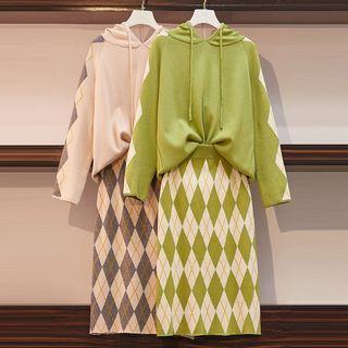 Set: Plaid Hooded Sweater + Midi A-line Skirt