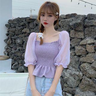 Puff-sleeve Panel Shirred Top