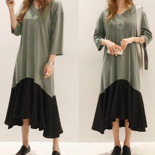 3/4-sleeve Color Block A-line Midi Dress