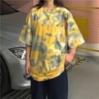 Elbow-sleeve Embroidered T-shirt Yellow - One Size