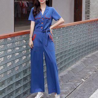 Short-sleeve Collared Straight-cut Jumpsuit