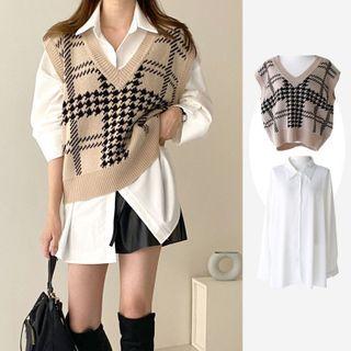 Houndstooth Sweater Vest / Long-sleeve Plain Shirt