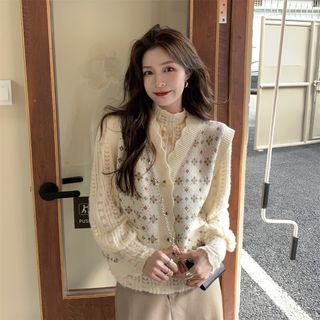 Lace Blouse / Flower Print Button-up Sweater Vest