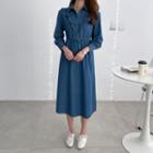 Frill-trim Denim Long Shirtwaist Dress Blue - One Size