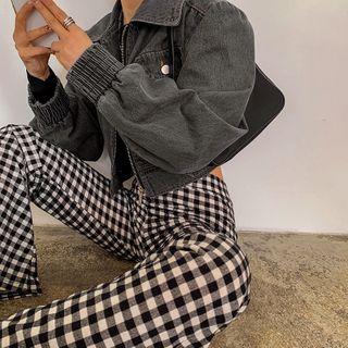 Smocked-cuff Zip-up Cropped Denim Jacket
