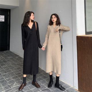 Rib-knit Long Sleeve V-neck Dress