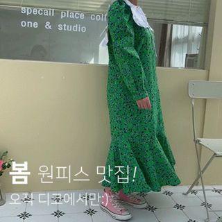 Puff-sleeve Ruffle-hem Long Floral Dress Green - One Size