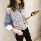 Long-sleeve Lace Panel Striped Blouse