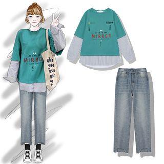 Mock Two-piece Long-sleeve Top / Straight-cut Jeans