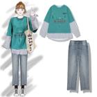 Mock Two-piece Long-sleeve Top / Straight-cut Jeans