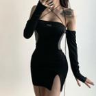 Off Shoulder Long Sleeve Strappy Color-block Slit Mini Bodycon Dress