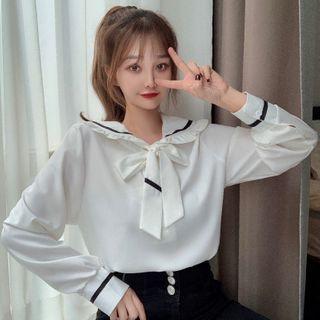 Long-sleeve Frill Trim Sailor Collar Blouse White - One Size