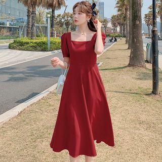 Puff-sleeve Square-neck Plain A-line Dress