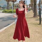 Puff-sleeve Square-neck Plain A-line Dress