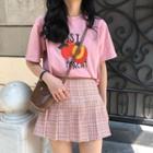 Printed Short Sleeve T-shirt / Plaid A-line Mini Skirt