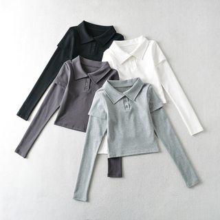 Long Sleeve Mock Two Piece Plain Crop Polo Top