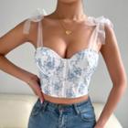 Straps Tie-shoulder Floral Crop Corset Top