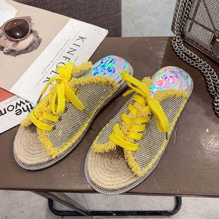 Fringed Lace Up Slide Sandals