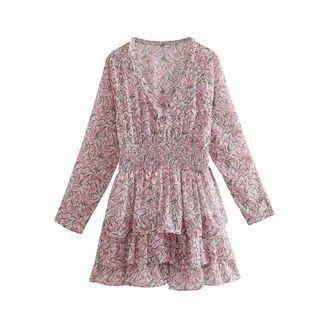 Long-sleeve Floral Tiered Mini Dress