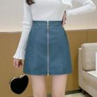 Plain Faux Leather Zip Mini A-line Skirt