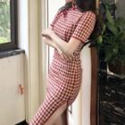 Plaid Short-sleeve Qipao Midi Dress
